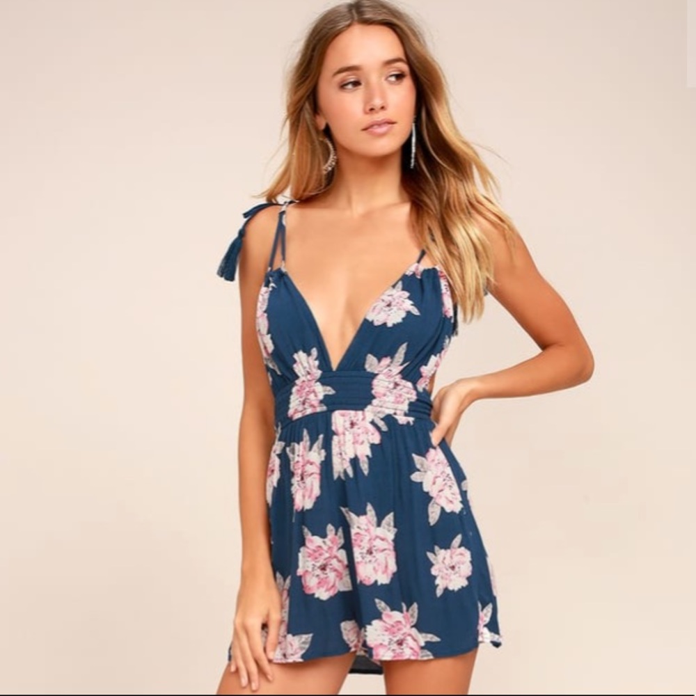 NEW! We Found Love Denim Blue Floral Romper